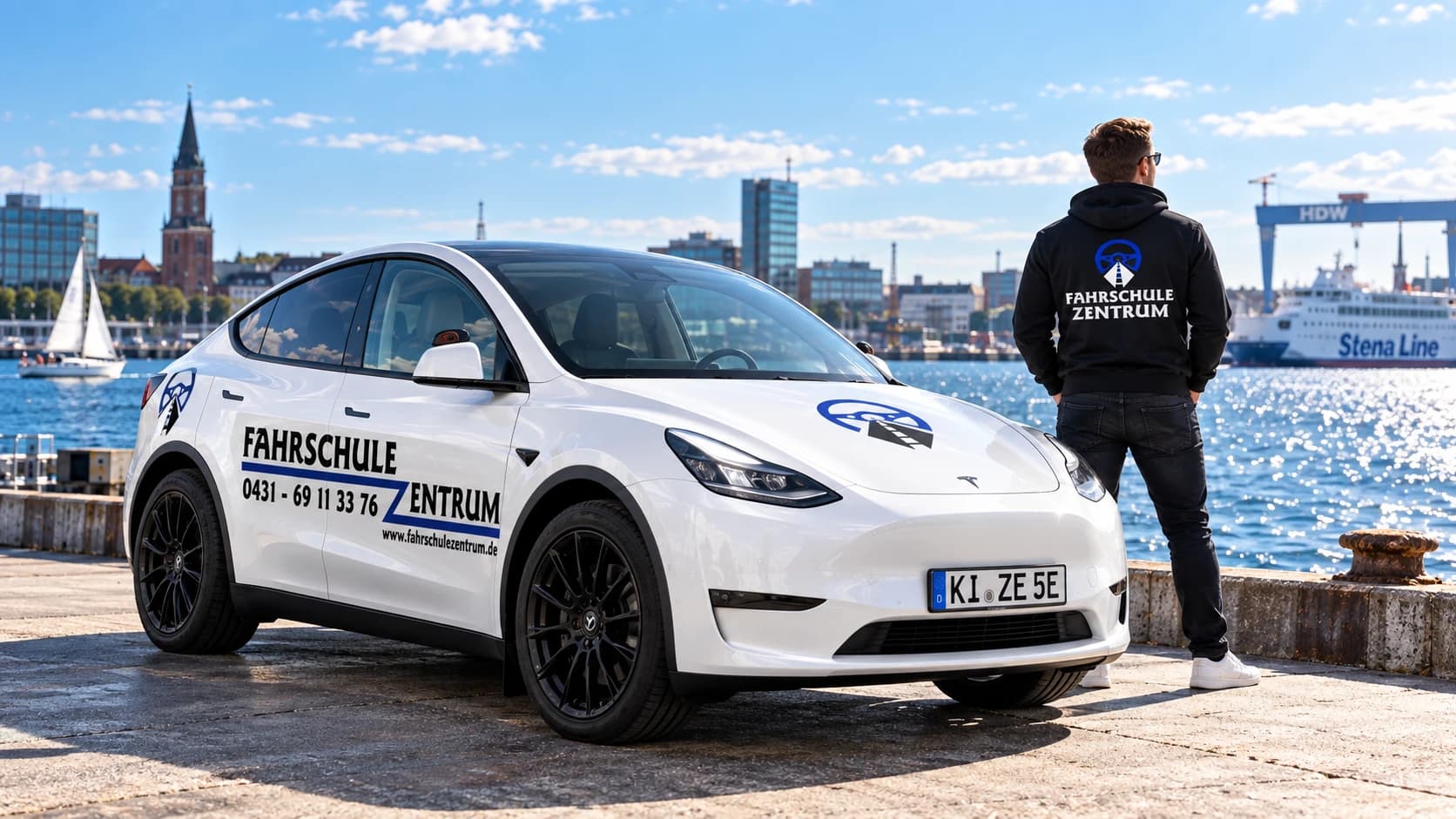 Weißes Fahrschulauto der Fahrschule Zentrum an der Kiellinie, im Hintergrund Kieler Hafen und Innenstadt
